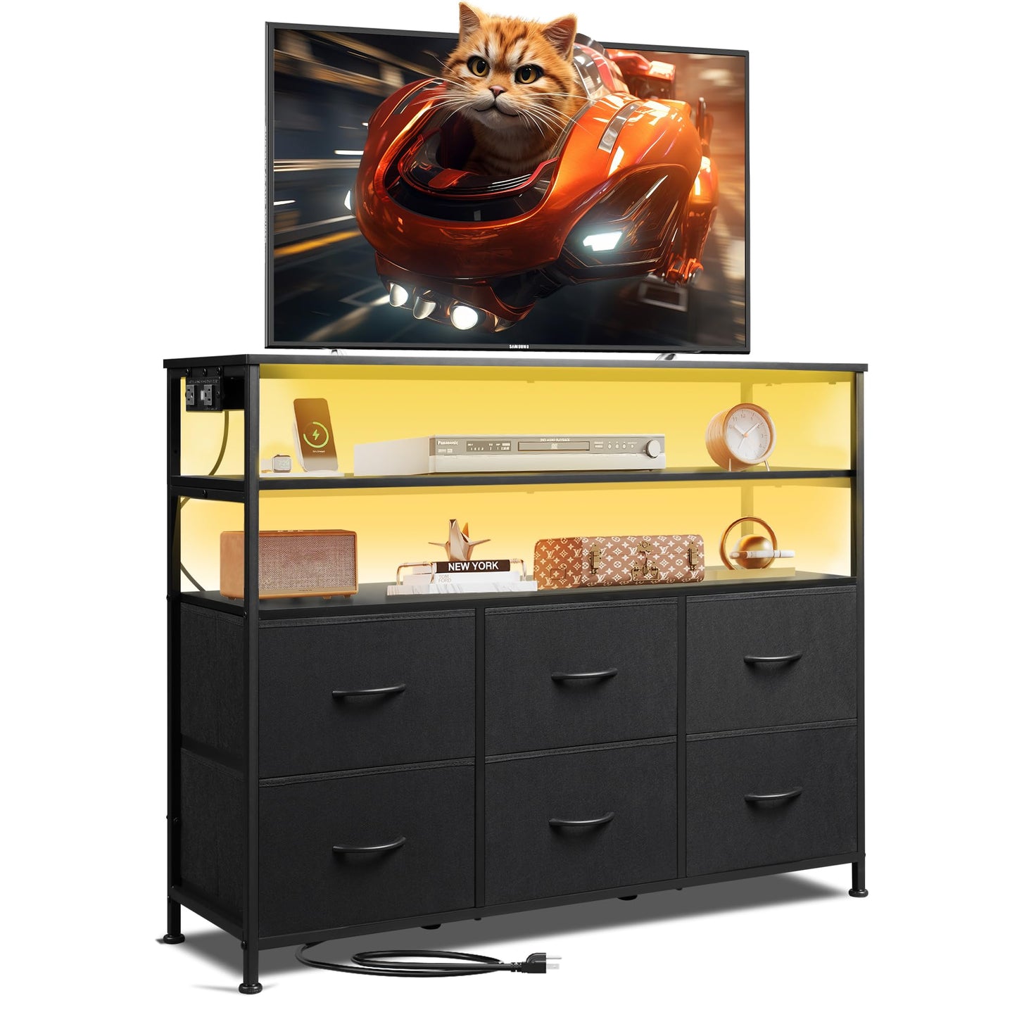 WLIVE Led Dresser TV Stand for Bedroom Entertainment Center with LED Lights and Power Outlet 6 Drawer Drawer Dressers with Double Open Shelves Black TV Stands